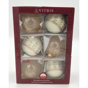 Vitbis Poland Handcrafted Glass Ornaments 6 Cream Gold Glitter Traditional Luxe